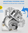 Adjustable dividing head facilitating angle cuts, featuring calibration markings, used with Hardcore Six Inch Three Jaw Chuck Rotary Indexer Platform.