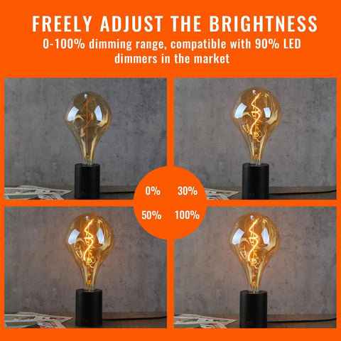 Oversized Vintage LED Edison Bulb With 2200K Warm White Glow Dimmable 5W showing dimming levels from 0 to 100%