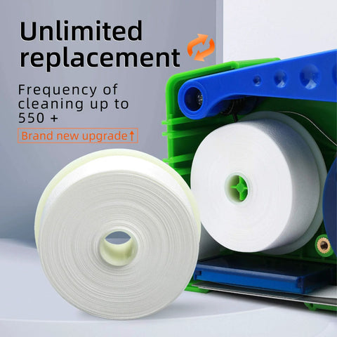 Cruiser optical fiber connector cleaner cassette reels; two white reels on blue and green housing.