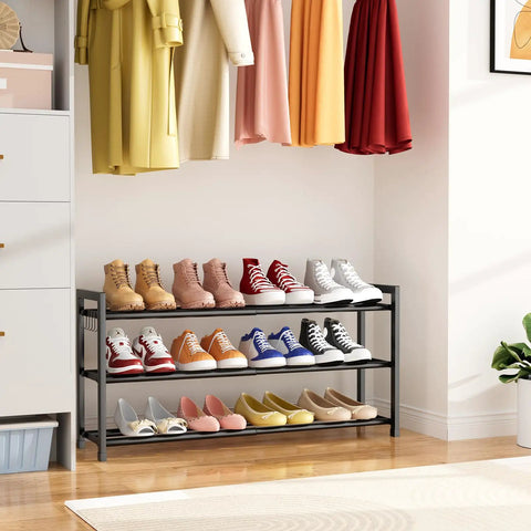 Space Saver Expandable Shoe Rack 18.5 To 33 Inches Wide 3 Tier Metal Shoe Organizer displaying various shoes in room