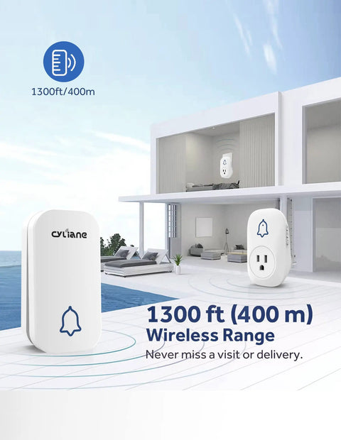 Self Powered Wireless Doorbell No Battery Needed Easy Plug In Cordless Chime with 1300ft Range shown outside modern home