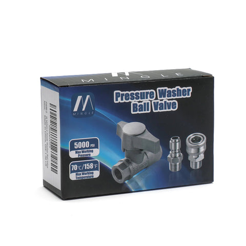 Front view of MINGLE pressure washer ball valve box with valve and two fittings; 5000 PSI, 3/8 inch quick connect
