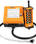 Newtry 12-button wireless crane remote with orange handheld transmitter and orange control box.