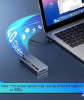 Blazing Fast M.2 NVMe SSD Enclosure with USB4 adapter connected to a laptop, showcasing 40Gbps speed display.