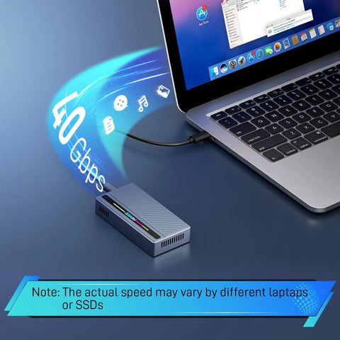 Blazing Fast M.2 NVMe SSD Enclosure with USB4 adapter connected to a laptop, showcasing 40Gbps speed display.