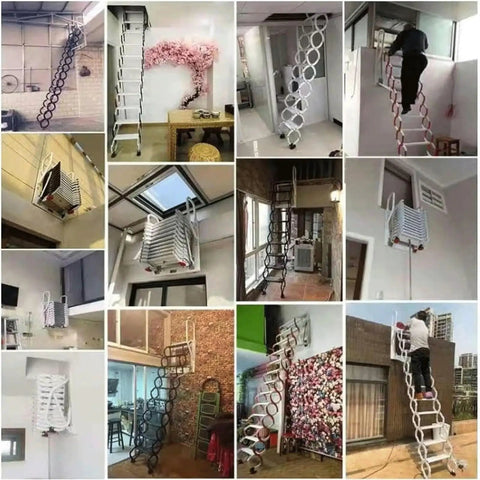 Heavy Duty Telescopic Electric Pull Down Attic Ladder With Sweet One Touch Remote For Seamless Invisible Ceiling Access showcasing various angles and installations.