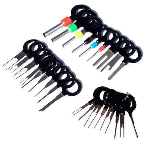 70 Piece Terminal Removal Tool Set With Pin Extractor, stainless steel tools for connector terminals, durable plastic handles.