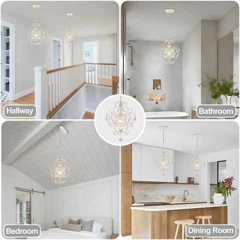 Tiny Crystal Chandelier For Bedroom And More One Light White Mini Crystal Pendant Ceiling Fixture in various room settings.
