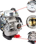 BeefedUp 24Mm PD24J Carburetor Kit For 4 Stroke 125Cc 150Cc Engines with detailed intake manifold and air filter views