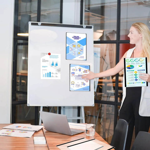 Woman using 12 Pack Magnetic Sign Holders 8.5 X 11 Inches Rigid Clear Sheet Protectors Fridge Ready Mount Paper Frames on board
