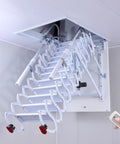 Electric Attic Ladder With A Slick Hidden Retractable Ceiling Hatch And Heavy Duty Telescoping Handrail For Zero Hassle Space Saving Pull Down Setup And Crisp White Finish viewed from below with remote control.