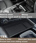 Mazda CX5 Center Console Front Organizer Tray in car before and after installation showcasing neat storage