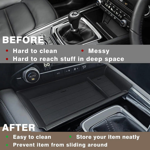 Mazda CX5 Center Console Front Organizer Tray in car before and after installation showcasing neat storage