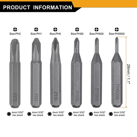 12 Pc Magnetic Phillips Screwdriver Bit Set PH2 Through PH0000, 4mm Hex Shank, 28mm Length, S2 Tool Steel displayed in a row