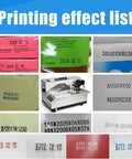 Heavy Duty Automatic Print Date Label Machine 180W Ink Wheel Printer with printed date examples on various surfaces.
