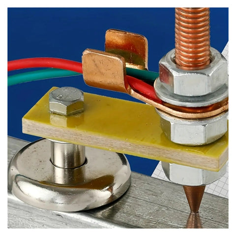 Solid 2 Pack Metalworking Magnetic Ground Clamps With Heavy Duty Magnet Head And Rock Solid Metal Plate Welding Support Tools That Are Gnarly For Shop Repairs And DIY Projects Anytime close-up showing magnetic base and metal components.