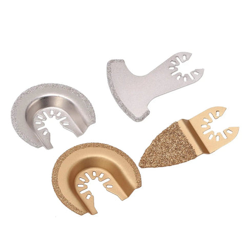 Pro Grade 4 Piece Oscillating Saw Blades Set with carbide segment for grout, ceramic tile, and masonry grinding on white background