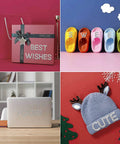 Collage of a gift box with 'Best Wishes', colorful labeled slippers, a laptop with 'Focus', and a hat with 'Cute' antlers.
