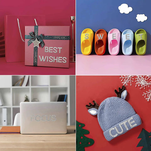 Collage of a gift box with 'Best Wishes', colorful labeled slippers, a laptop with 'Focus', and a hat with 'Cute' antlers.