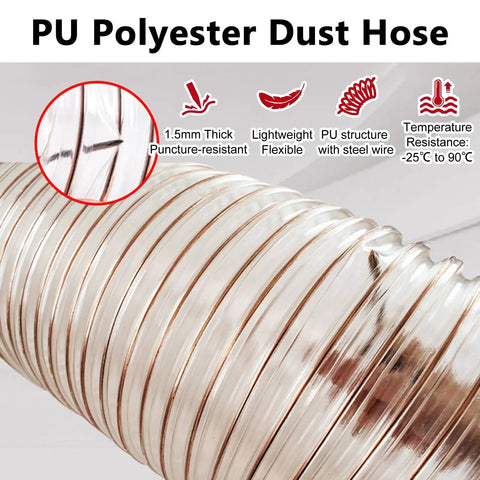 Built Tough Flexible Dust Collector Hose Featuring Puncture Resistant Walls And Snug Seal Clamp For No Fuss Heavy Duty Woodshop Smoke Extraction Work, 1.5mm thick polyester duct.