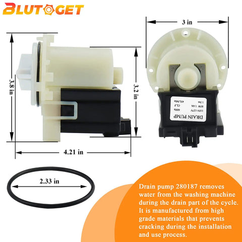 Hella Reliable Heavy Duty 280187 8181684 Washer Drain Pump Motor showing dimensions for drop-in replacement installation.
