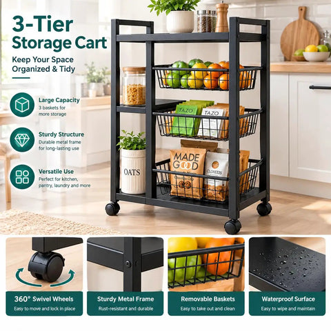 Portable Storage Rack With 4 Tier Shelving And 3 Side Wire Baskets A Real Deal Heavy Duty Cart That Delivers Big Time For Hassle Free Garage Pantry Organization Setups in kitchen with veggies and snacks.