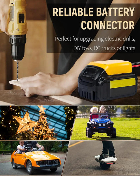 Power Wheel Adapter For Dewalt 20V Lithium Battery And Peg-Perego Riding Toys DC Converter With Original Wire Harness Connector shown with toys and drill.