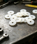 20 Pc Nylon Flat Washers Electrical Components Faucet Repair Kit Heavy Duty Fasteners, close-up on white nylon washers.
