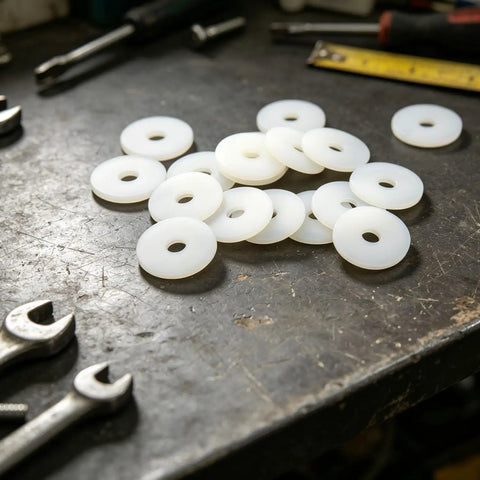 20 Pc Nylon Flat Washers Electrical Components Faucet Repair Kit Heavy Duty Fasteners, close-up on white nylon washers.