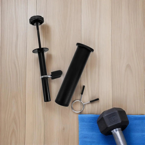 Weight Stack Extender Pin For Gym Gear, Heavy Duty Carbon Steel Barbell Plate Organizer on wooden floor with dumbbell