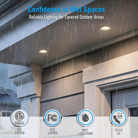 TORCHSTAR 6-Pack 5CCT 4 Inch LED Recessed Lighting, Anti-Glare, CRI90 installed in wet outdoor area with rain.
