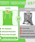Comparison graphic showing green bag as tear-resistant and gray bag as weak, promoting 50 Pack Multicolor Party Favor Gift Bags 8x11 Inches With Handles Reusable Plastic Goodie Bags For Candy Snacks Jewelry Crafts Bulk Set For Kids Birthday Parties School Events And Festive Occasions.