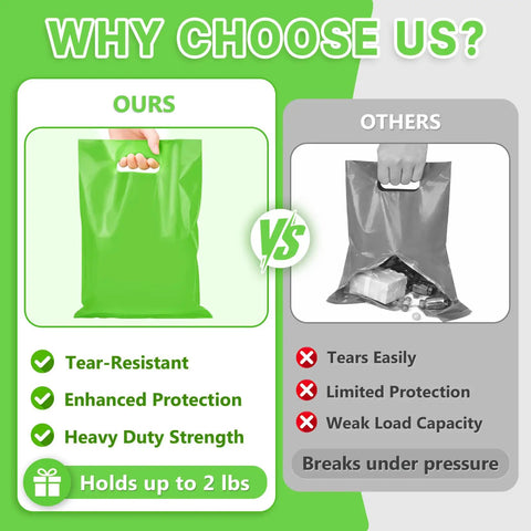 Comparison graphic showing green bag as tear-resistant and gray bag as weak, promoting 50 Pack Multicolor Party Favor Gift Bags 8x11 Inches With Handles Reusable Plastic Goodie Bags For Candy Snacks Jewelry Crafts Bulk Set For Kids Birthday Parties School Events And Festive Occasions.