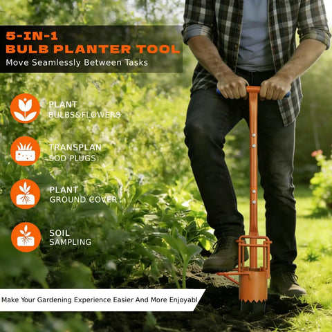 Person using 5 In 1 Bulb Planter Weeder Sod Plugger Soil Sampler Flower Planting Tool Set With Enhanced Edge for deep soil work.
