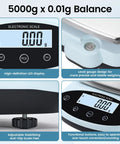 Precision Lab Scale 5000g x 0.01g Digital Balance showing LED display and functional features.