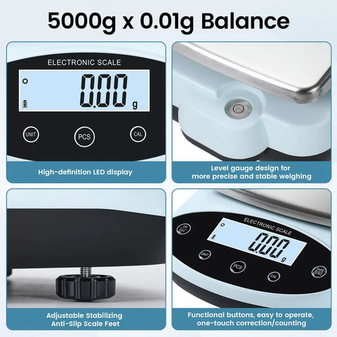 Precision Lab Scale 5000g x 0.01g Digital Balance showing LED display and functional features.