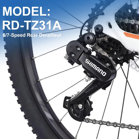 Rear Derailleur RD TZ31A 6/7 Speed Direct Mount And Hanger Mount for mountain bike and road bicycle, attached to wheel.