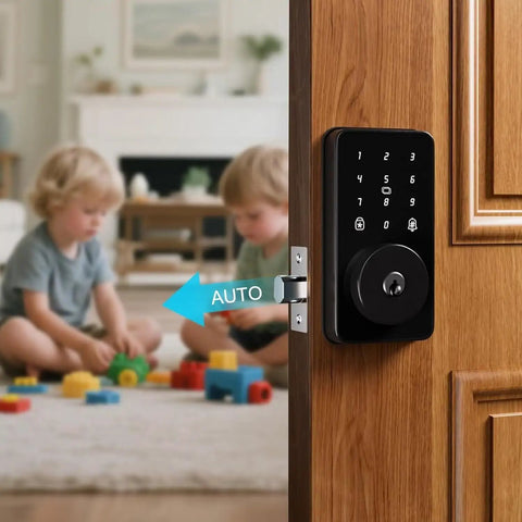 Keyless Entry Door Lock With Keypad Digital Code Deadbolt Auto Lock No WiFi Or App Needed Easy Installation One Time Codes Permanent PINs 100 Plus Customizable Combinations For Safe Home Access displayed on a wooden door with children playing in background.