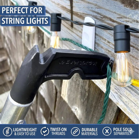 Must Have Utility Hook For Hanging String Lights And Bird Feeders Reaching High Places Lightweight Design Fits On Three Quarters Inch Acme Thread Pole Tips Hook Only No Pole shown attaching string lights to a wooden surface