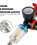 Close-up of locking air pressure regulator and filter for Pro HVLP Gravity Feed Spray Gun Kit With 1.0mm 1.4mm 1.8mm Nozzles And 600cc Cup.