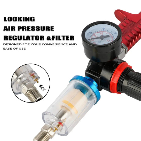 Locking air pressure regulator with HVLP Air Spray Gun Set For Pro Grade Finishes With Gravity Feed, 9 Piece Paint Sprayer Kit
