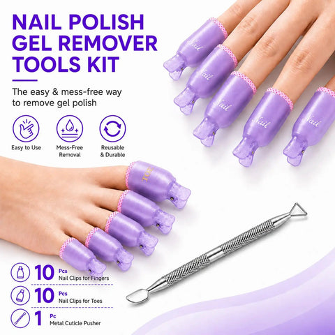 20 Piece Nail Remover Clips Kit For Fingers And Toes Reusable Gel Soak Off Clips With Double Ended Cuticle Pusher Anti Slip Design Mess Free Gel Removal