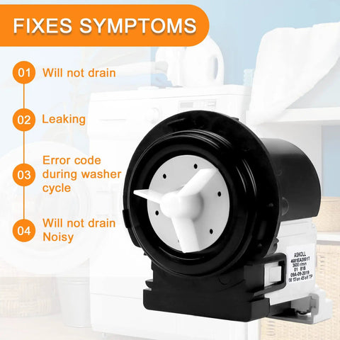 OEM Washer Drain Pump Motor For Front Load Washing Machines Replaces 4681EA2001T shown against washing machine with error fixes