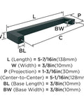 Diagram of Monument Matte Black Cabinet Pull 5-1-16 Inch Center-To-Center with measurements for length, width, and projection.
