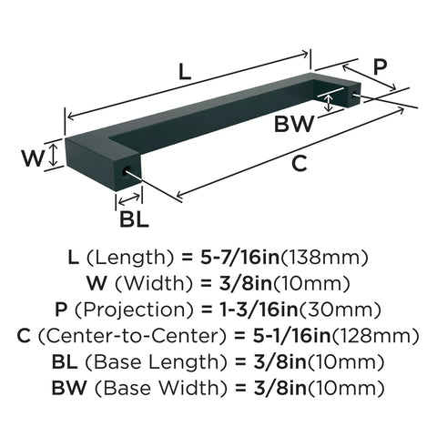 Diagram of Monument Matte Black Cabinet Pull 5-1-16 Inch Center-To-Center with measurements for length, width, and projection.