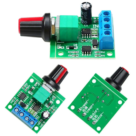 PWM Low Voltage Motor Speed Controller Kit Pack Of 3, shown with NE555 circuit, speed control knob, resettable fuse for 1.8V-15V DC.