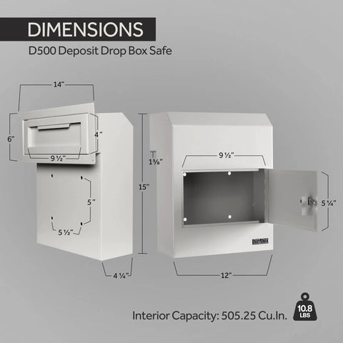 Dimensions of Through-The-Door Drop Box Deposit Safe In Heavy-Duty Steel With Lock, 12x6x15 Inches, open view for mail and cash