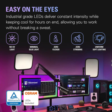 Boss Level Studio Light For Streaming And Recording With Desk Clamp WiFi App Control setup with dual monitors