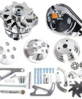 Sick Long Water Pump Pulley Kit For Small Block Chevy Engines Made From Solid Aluminum For Non Metric Front Drive Systems Fit Muscle Cars Without Reverse Rotation Pumps To Maintain Performance And Style Under Hood While Lowering Costs For Your Build. Solid aluminum SBC pulley kit with brackets and hardware, front and side views