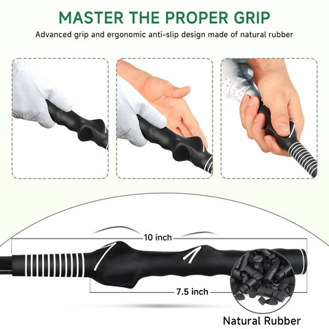 Click Stick Golf Swing Training Aid With Arm Band And Wrist Strap For Inertia And Swing Rhythm Practice Weighted Trainer With Comfort Grip To Build Strength Fix Casting And Develop Consistent Snappy Tempo And Grip Habits, showing ergonomic natural rubber grip and dimensions
